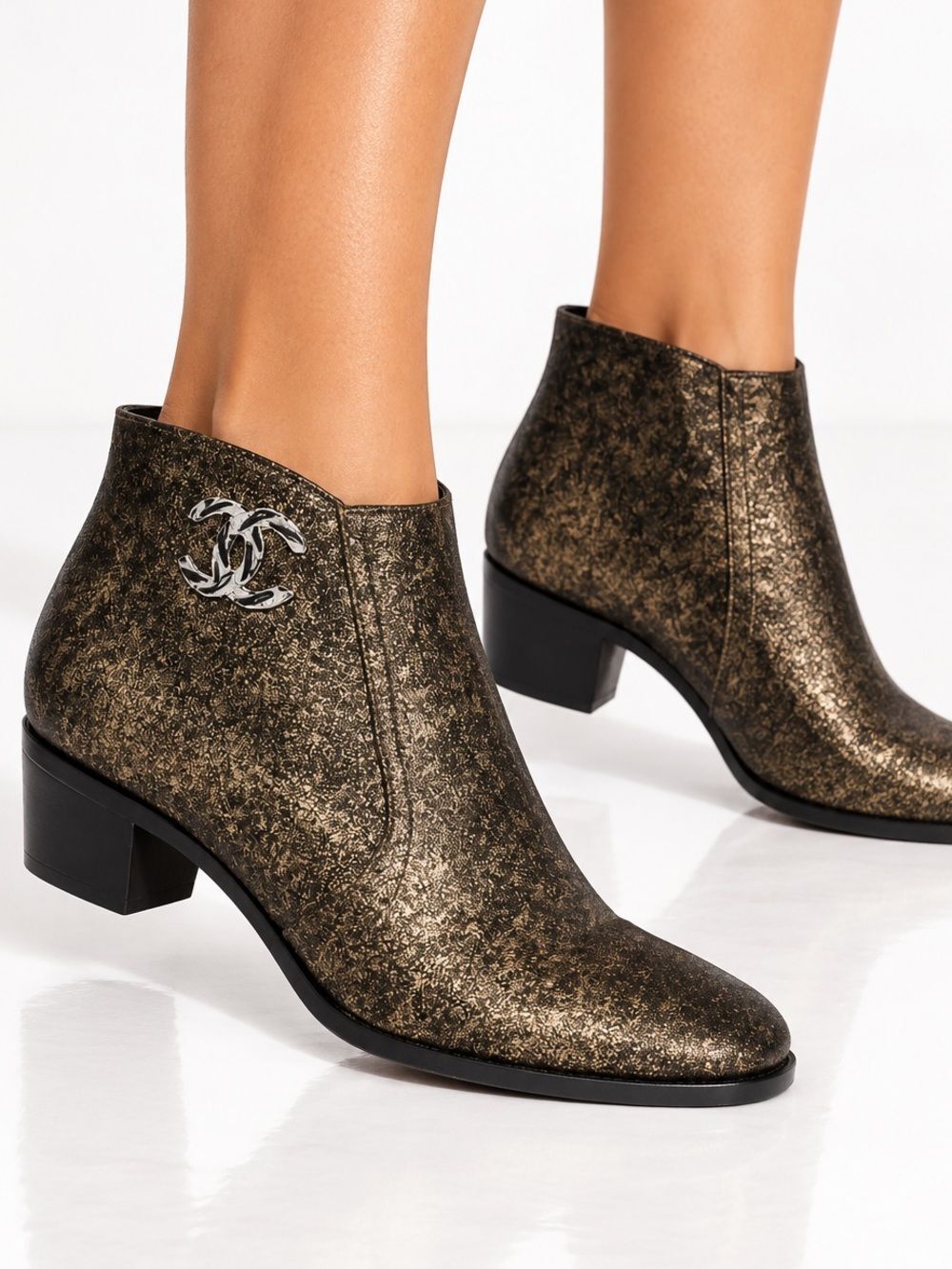 CHANEL Brown Metallic Coated CC Logo Block Heel Ankle Boots Size EU36.5